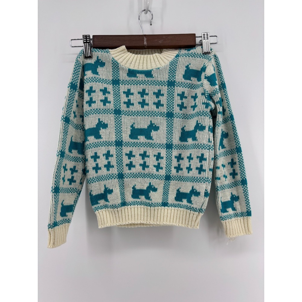 Holiday Sweater Boys Teal Scottie Dog Grid Knit Mock Neck Long Sleeve Vintage S
